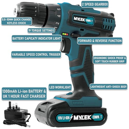 MYLEK 18V Cordless Drill with 13-Piece Kit and LED Light