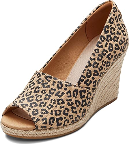 TOMS Women's Michelle Leopard Print Wedge Sandals, Peep Toe, Comfort OrthoLite Insole