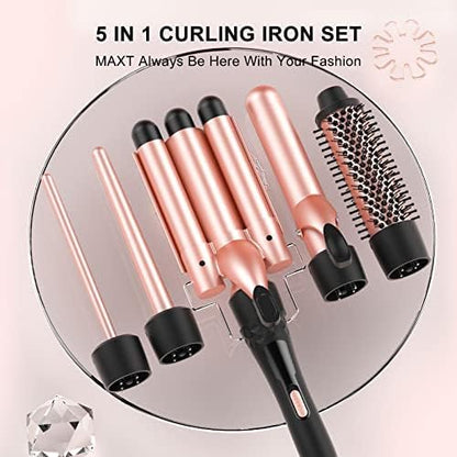 MAX-T 5-in-1 Interchangeable Curling Wand Set with Ceramic Tourmaline Barrels