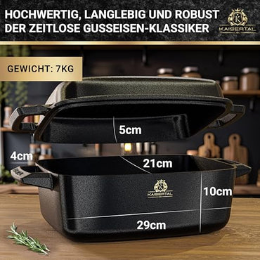 KAISERTAL Premium Cast Iron Roaster with Lid, Oven-Safe 11-Inch Dutch Oven Pot