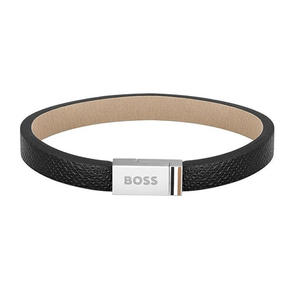 BOSS JACE Men's Stainless Steel & Black Leather Bracelet