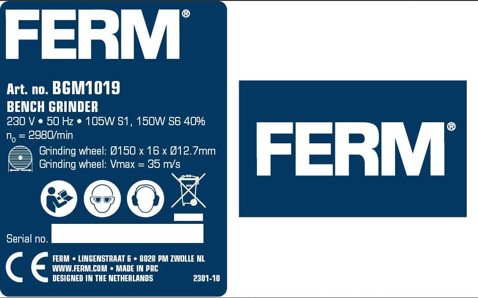 FERM BGM1019 Double Grinding Machine 150W 150mm with P36 & P60 Sharpening Stones, Spark Arrester, Alloy Steel