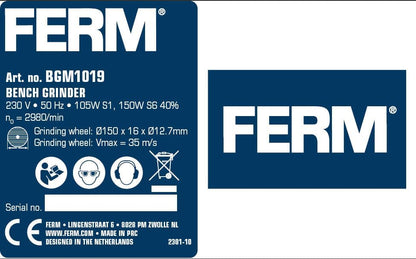 FERM BGM1019 Double Grinding Machine 150W 150mm with P36 & P60 Sharpening Stones, Spark Arrester, Alloy Steel