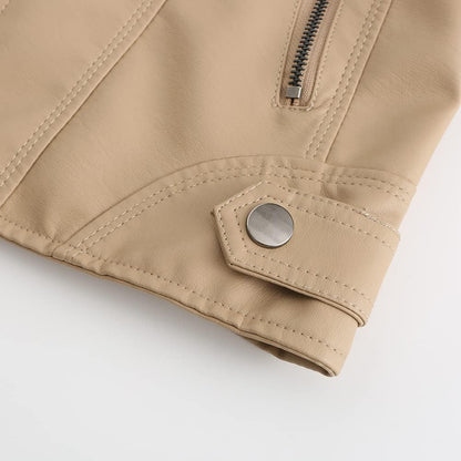 Women's Faux Leather Moto Jacket with Stand-Up Collar, Metal Details