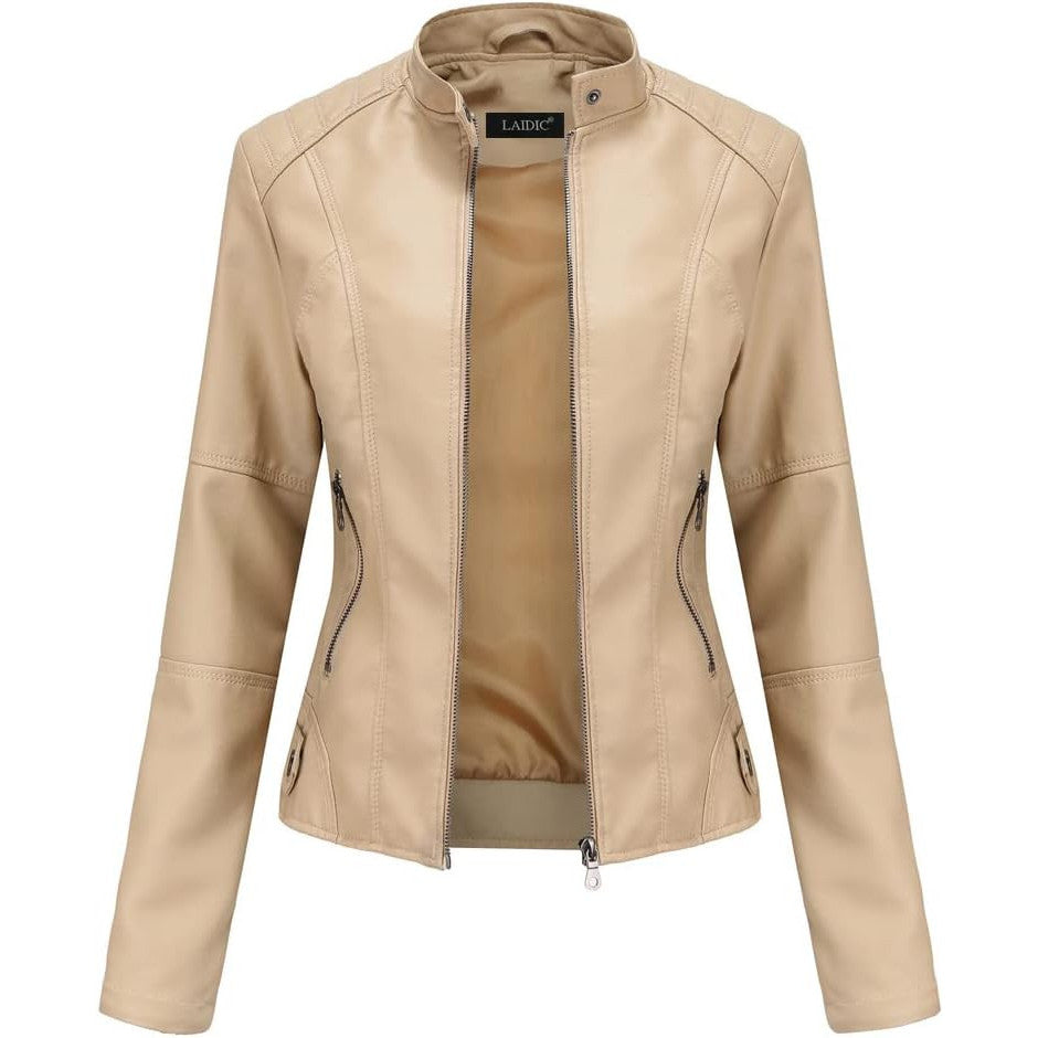 Women's Faux Leather Moto Jacket with Stand-Up Collar, Metal Details