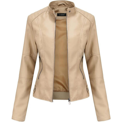 Women's Faux Leather Moto Jacket with Stand-Up Collar, Metal Details