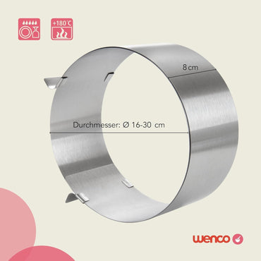 wenco Cake Ring Adjustable 16-30 cm, 8 cm High Stainless Steel Cake Ring, Baking Accessories for Cakes, Heat Resistant up to 180 °C, Rustproof, Silver, Dishwasher Safe