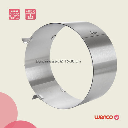 wenco Cake Ring Adjustable 16-30 cm, 8 cm High Stainless Steel Cake Ring, Baking Accessories for Cakes, Heat Resistant up to 180 °C, Rustproof, Silver, Dishwasher Safe