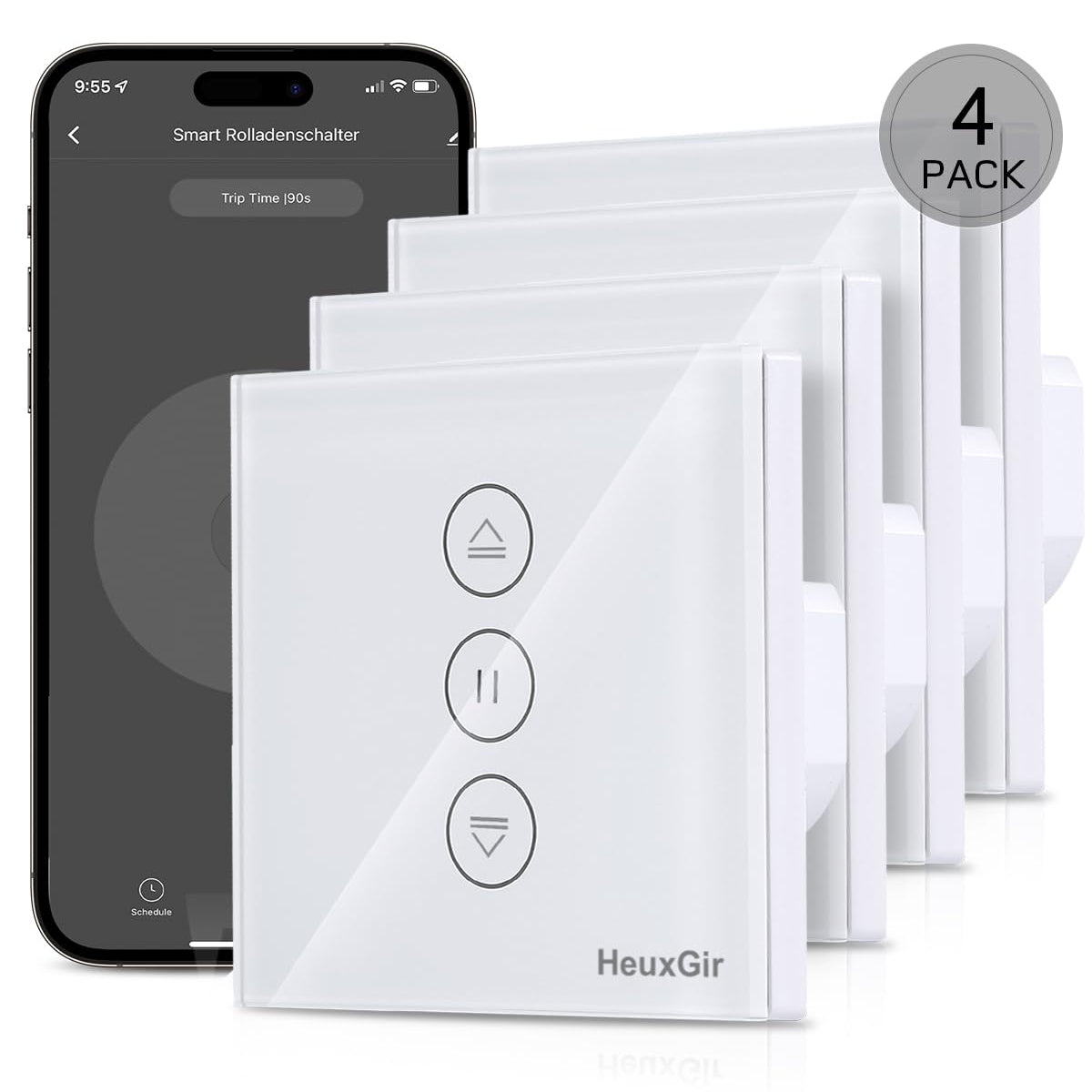 HeuxGir Smart Roller Shutter Switch 80x80mm 4-Pack WiFi Timer Compatible with Alexa Google Home Neutral Wire Required