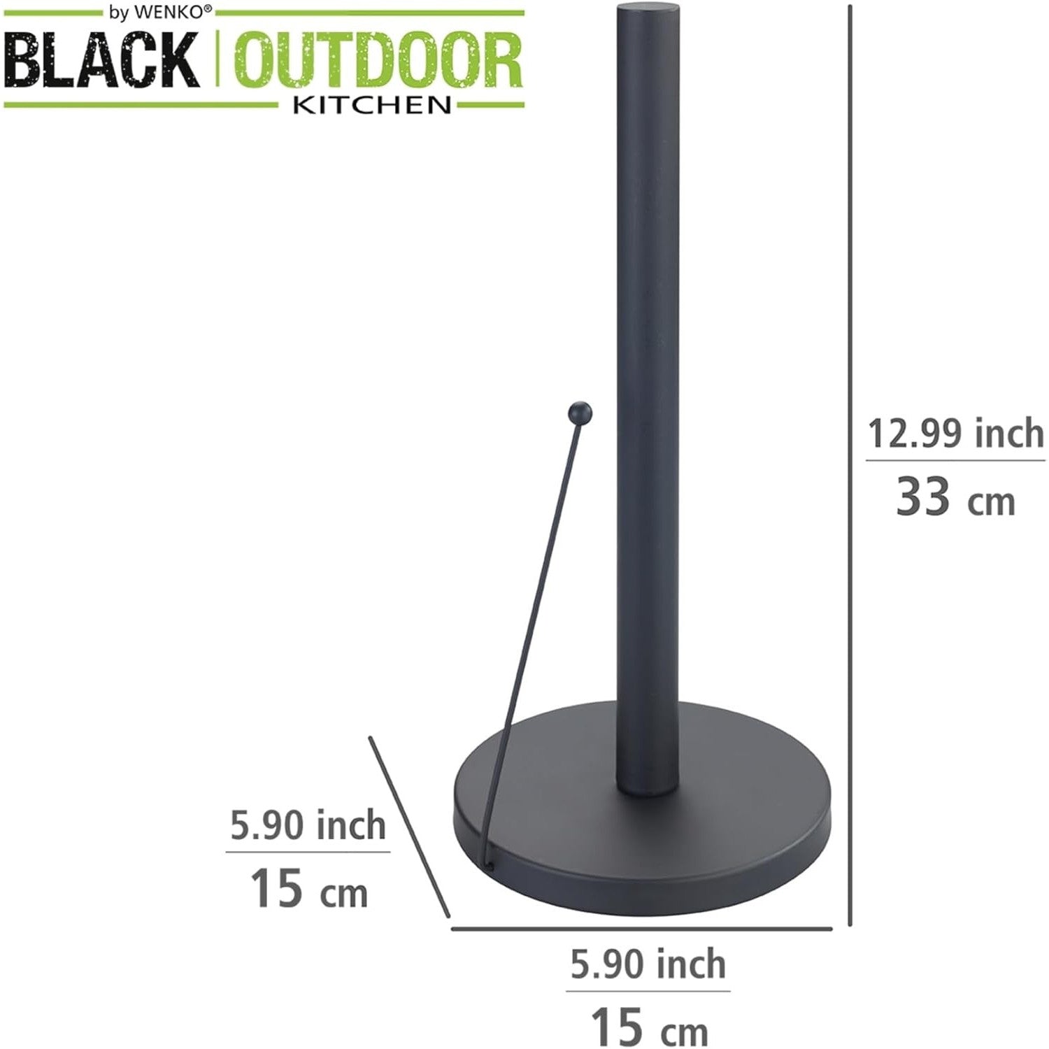 WENKO Clayton Black Free-Standing Kitchen Roll Holder – Powder-Coated Metal, Ø15×33cm