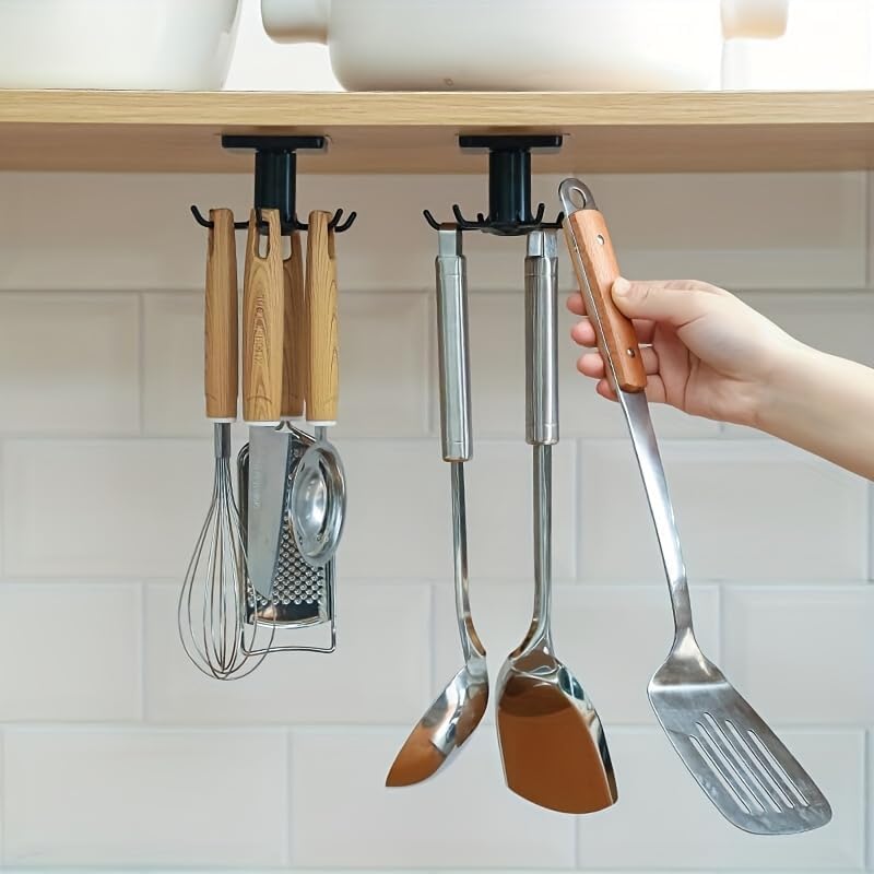 Rotating Kitchen Utensil Hook 6 Hooks Self-Adhesive Wall Mount