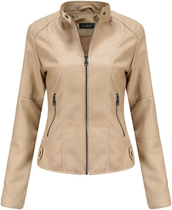 Women's Faux Leather Moto Jacket with Stand-Up Collar, Metal Details