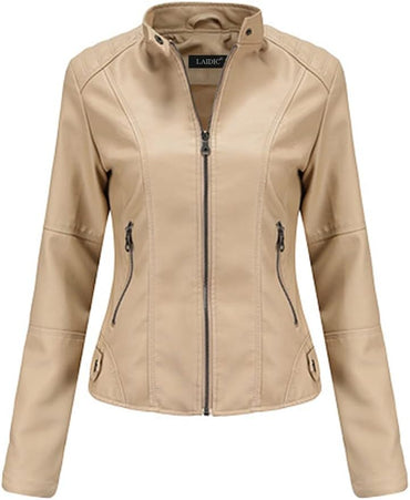 Women's Faux Leather Moto Jacket with Stand-Up Collar, Metal Details
