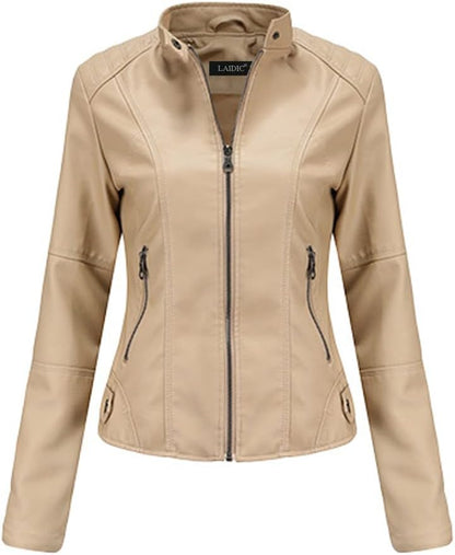 Women's Faux Leather Moto Jacket with Stand-Up Collar, Metal Details