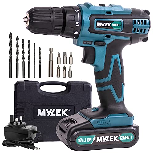 MYLEK 18V Cordless Drill with 13-Piece Kit and LED Light