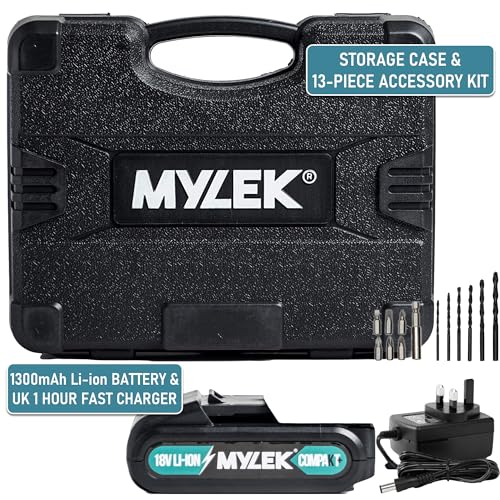 MYLEK 18V Cordless Drill with 13-Piece Kit and LED Light
