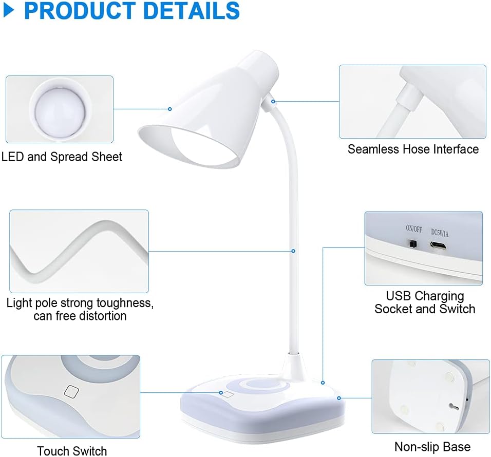 Gobikey LED Desk Lamp 2-in-1 Reading Night Light Dimmable USB Rechargeable Touch Control White