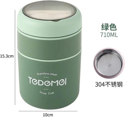 24 oz Portable Thermal Lunch Box with Stainless Spoon Green