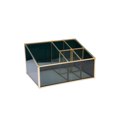 Gold Vintage Makeup Organizer with Brass Trim and Glass Holder