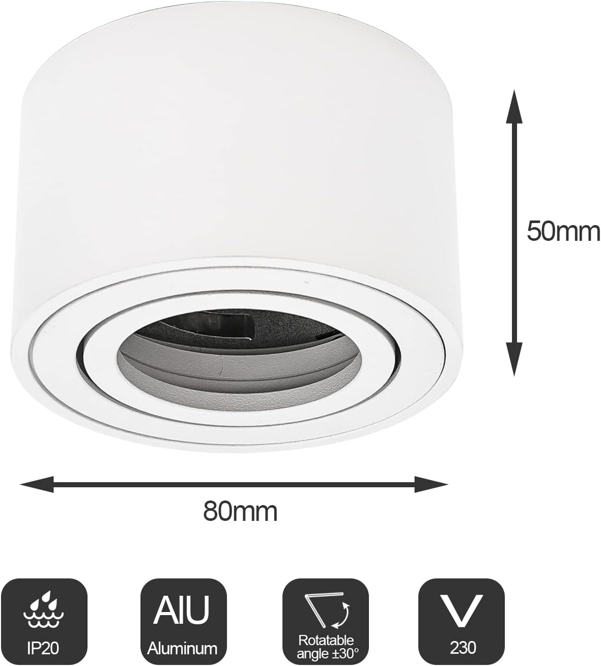URing 4‑Pack White Surface‑Mounted Swivel Spotlights – Matte Aluminium, 80 mm Diameter, 230 V