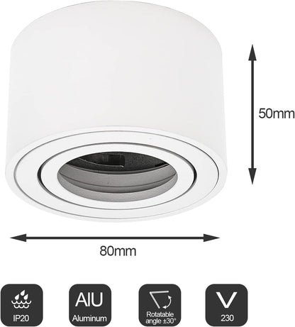 URing 4‑Pack White Surface‑Mounted Swivel Spotlights – Matte Aluminium, 80 mm Diameter, 230 V