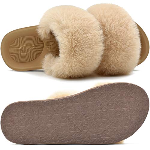 COFACE Women's Arch Support Fluffy Fur Sliders Beige Size 5