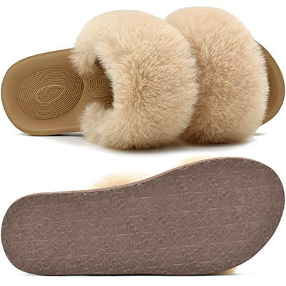 COFACE Women's Arch Support Fluffy Fur Sliders Beige Size 5