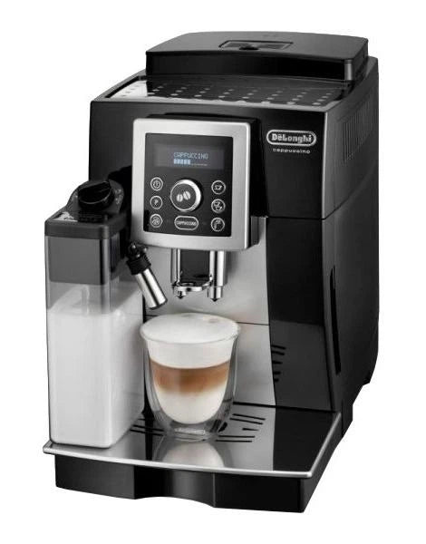 De'Longhi coffee machine with a cup of cappuccino and milk container on a white background