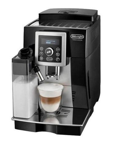 De'Longhi coffee machine with a cup of cappuccino and milk container on a white background