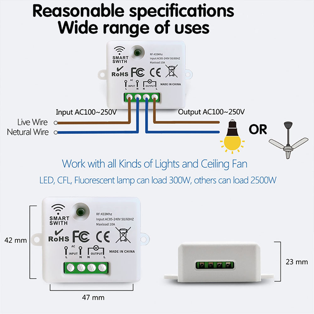WenQia Wireless Light Switch 433MHz RF Mini Module 10A Remote Controller Wall Panel
