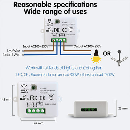 WenQia Wireless Light Switch 433MHz RF Mini Module 10A Remote Controller Wall Panel
