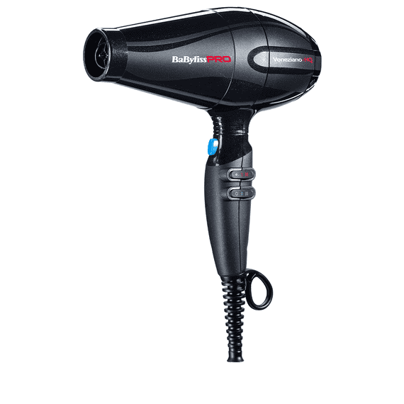 Black hair dryer with visible branding on a white background