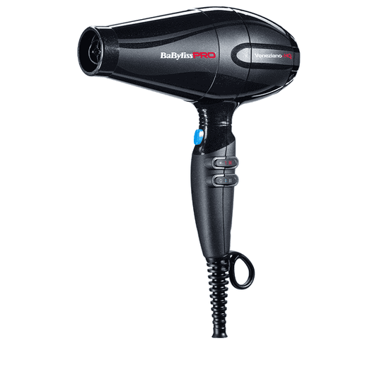 Black hair dryer with visible branding on a white background