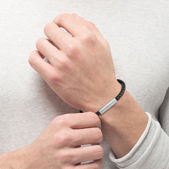 BOSS Men's Black Braided Leather Bracelet with Stainless Steel Magnetic Clasp