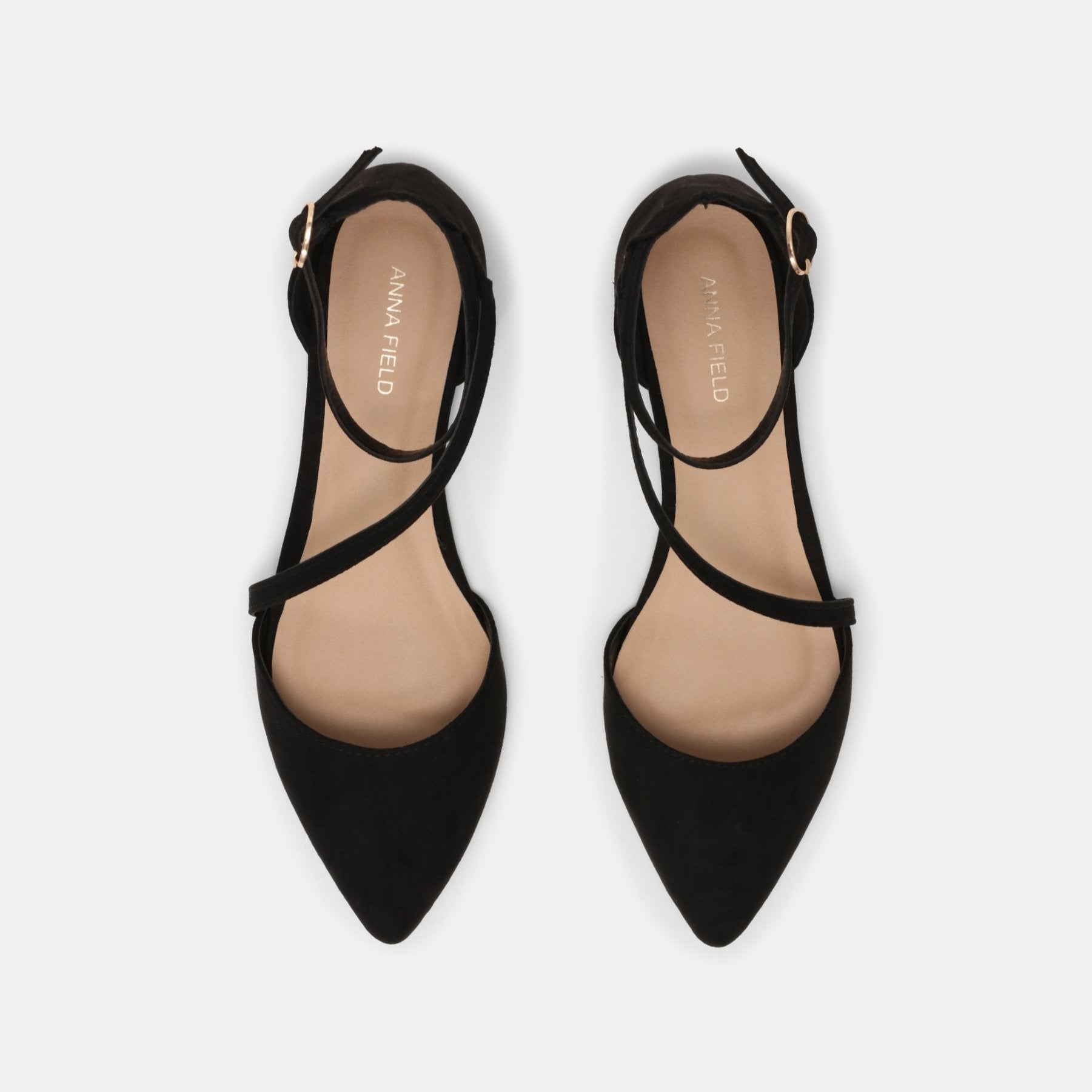 Chic Anna Field Wide Fit Black Ankle Strap Pointed Toe Ballet Flats