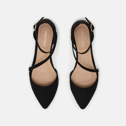 Chic Anna Field Wide Fit Black Ankle Strap Pointed Toe Ballet Flats