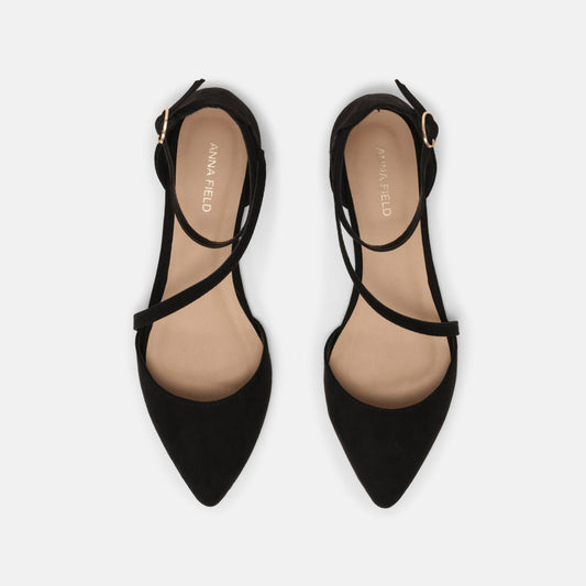 Chic Anna Field Wide Fit Black Ankle Strap Pointed Toe Ballet Flats