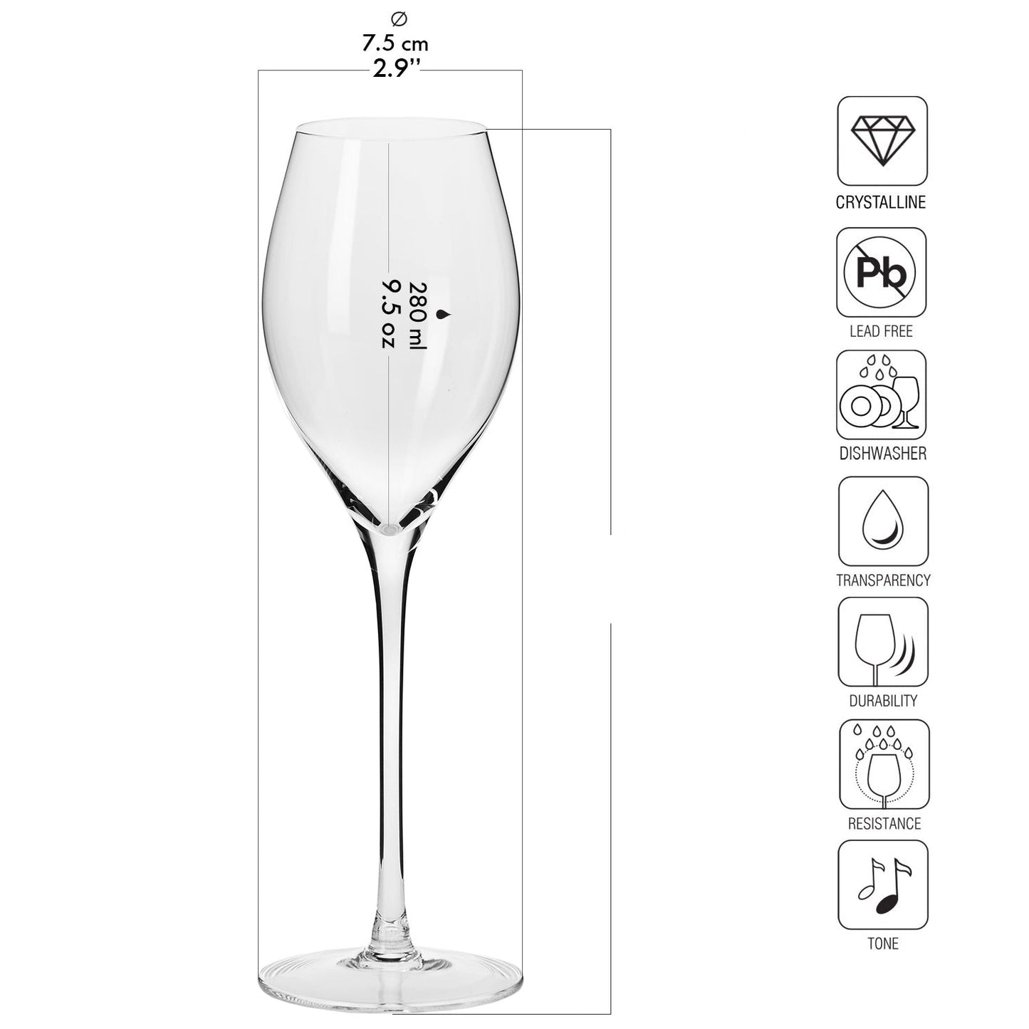 KROSNO Harmony Premium Crystal Prosecco Glasses Set, 6-Pack, 300ml