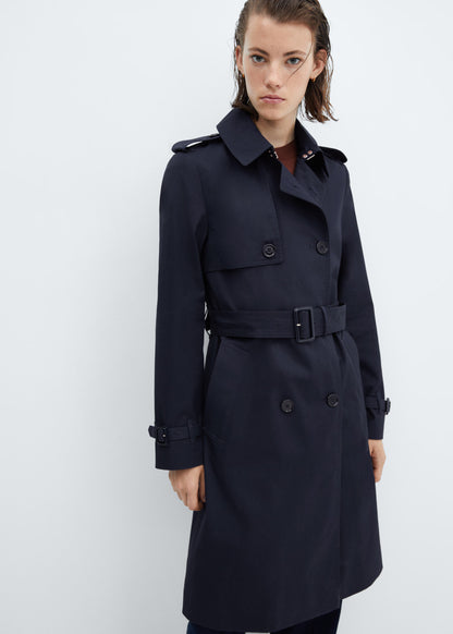 MANGO Women's Water-Repellent Cotton Trench Coat with Belted Wrap Design