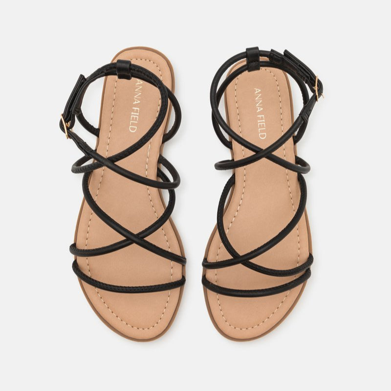 Anna Field Women's Black Strappy Flat Sandals with Adjustable Ankle Buckle