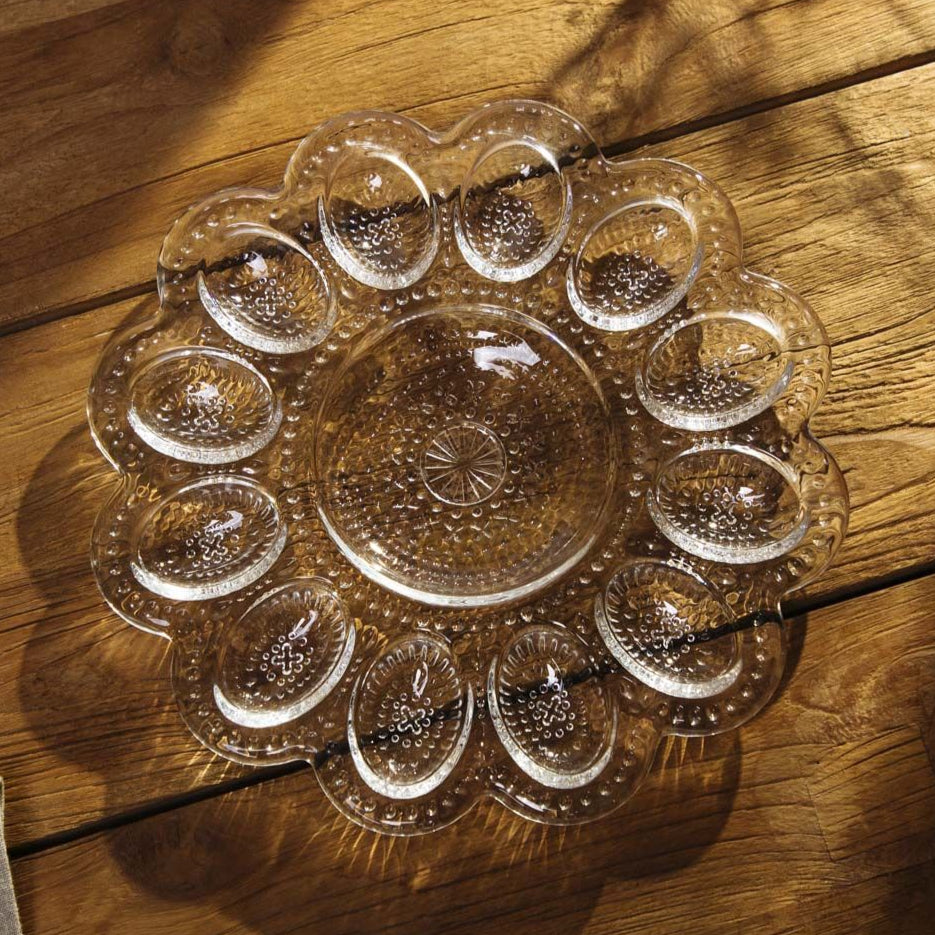Elegant Clear Glass Egg Platter 12-Compartment Serving Dish with Center Bowl
