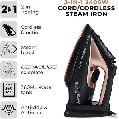 TOWER Cordless CeraGlide Steam Iron Black Rose Gold 2400W - Gomix Brands Outlet