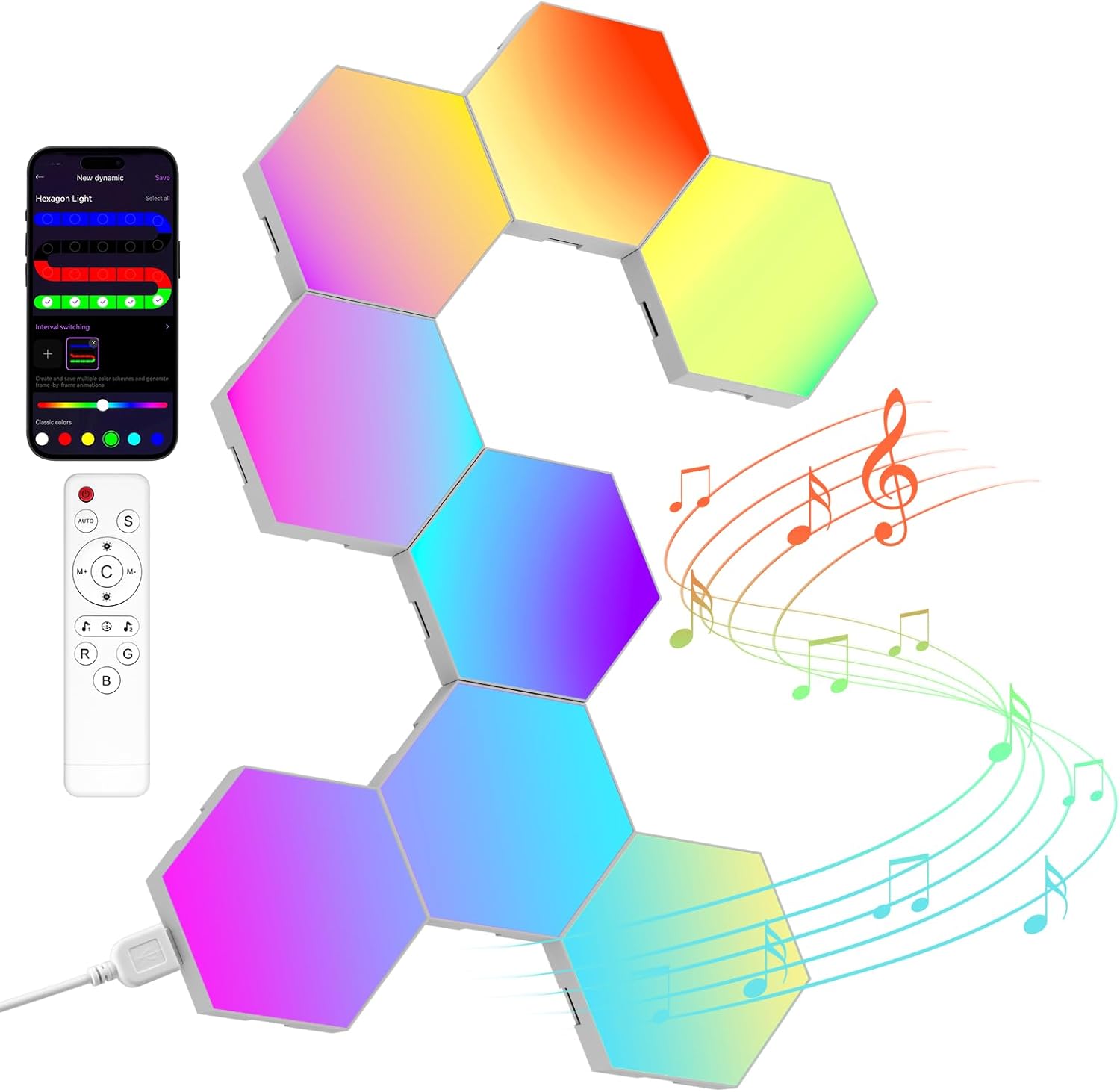 Kangtaixin 8‑Piece LED Hexagon Gaming Wall Light – RGB Music Sync, USB Powered