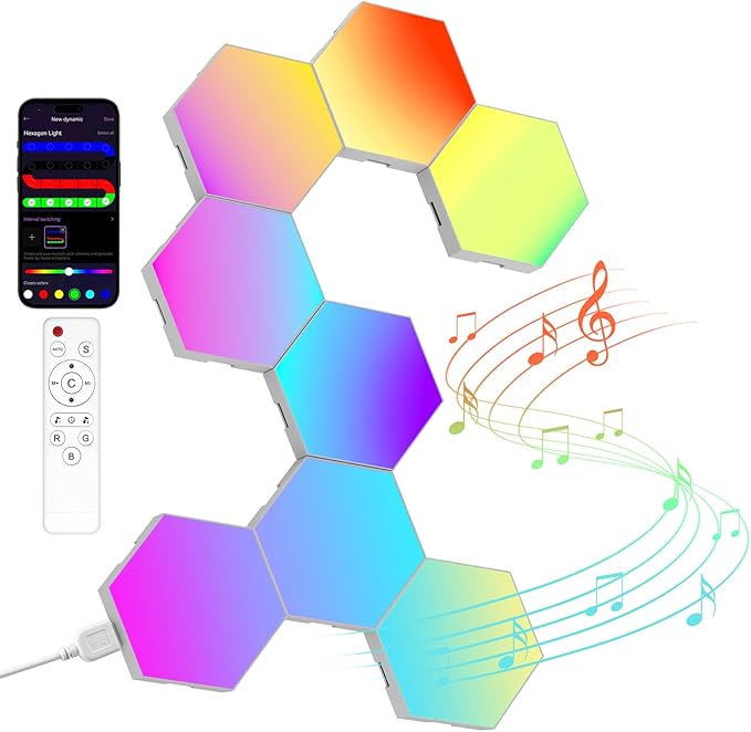Kangtaixin 8‑Piece LED Hexagon Gaming Wall Light – RGB Music Sync, USB Powered