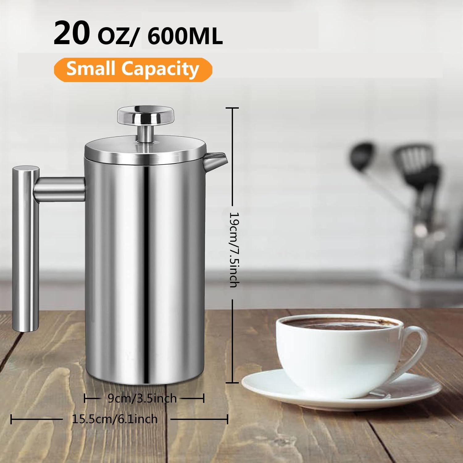 Meelio 600ml Double-Wall Insulated Stainless Steel French Press Coffee Maker
