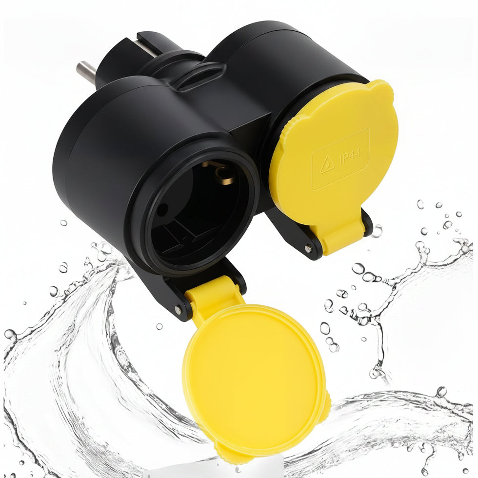 Adamyee Double Socket Adapter IP44 Waterproof 16A 250V 3680W Outdoor Indoor Schuko Plug Compact