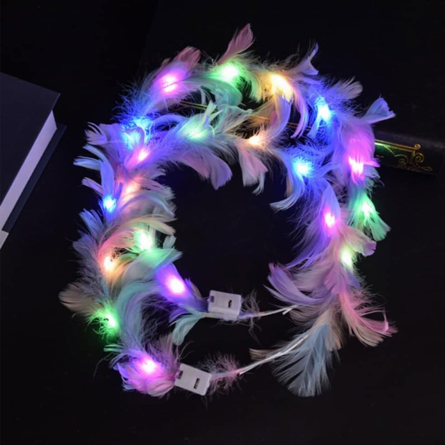 LED Feather Crown Headband with 6 Colorful Light-Up Feathers