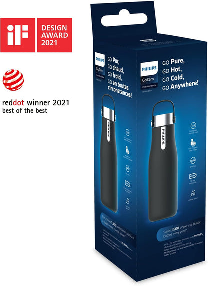 Philips GoZero Smart UV Bottle – Black 590ml Stainless Steel