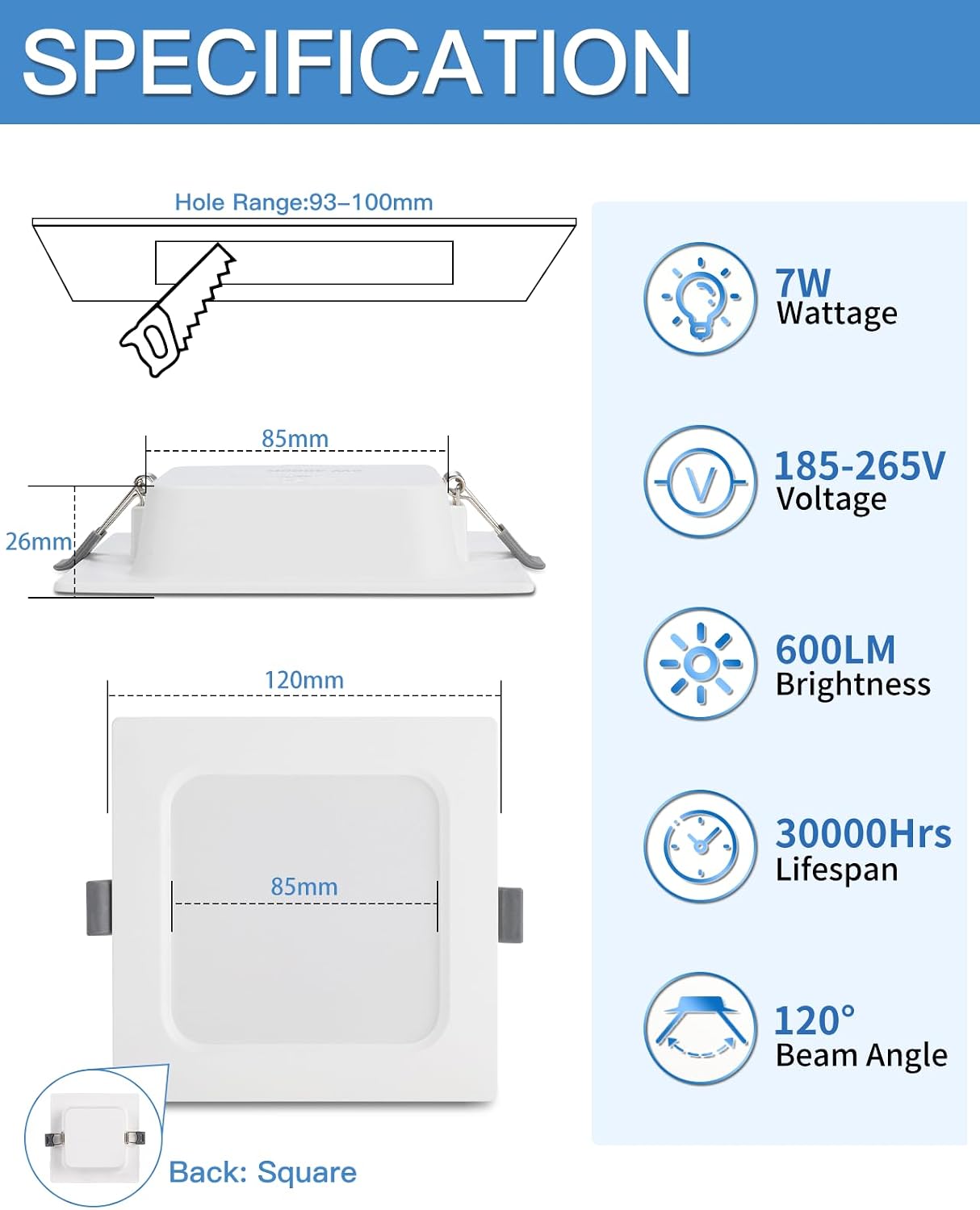 Eande Ultra Slim Square LED Recessed Light 7W 600lm 2800K Warm White 10-Pack