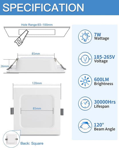Eande Ultra Slim Square LED Recessed Light 7W 600lm 2800K Warm White 10-Pack